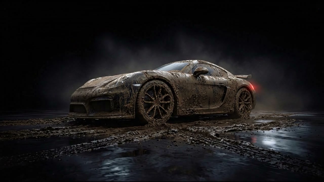 Mud-caked vehicle at the curb before detailing